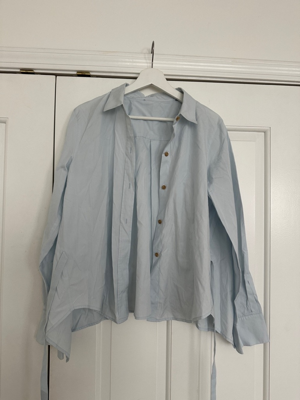 Vince Light Blue Cotton Blouse XL Tie Waist Button Front Oversized Shirt